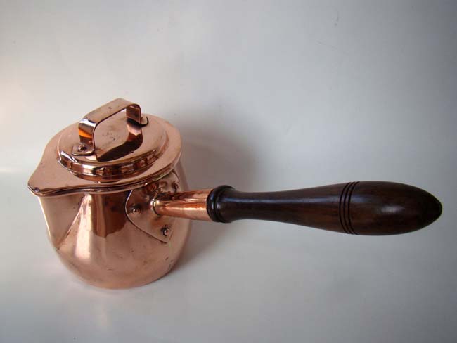 A fine 19th century English copper 'pouring pot' with fruitwood handle by Benham & Frauld circa 1860